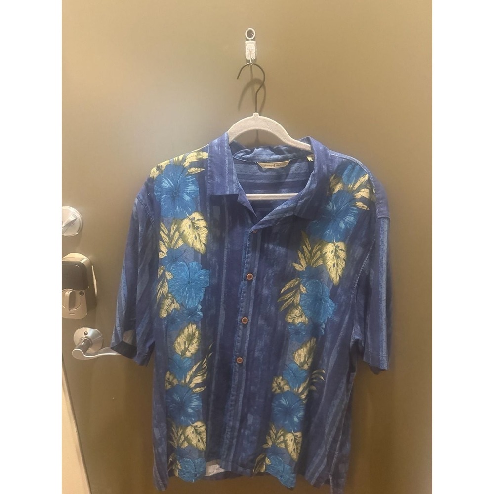 Tommy Bahama Mens XL Silk Floral Hibiscus Striped Short Sleeve Button Down Shirt